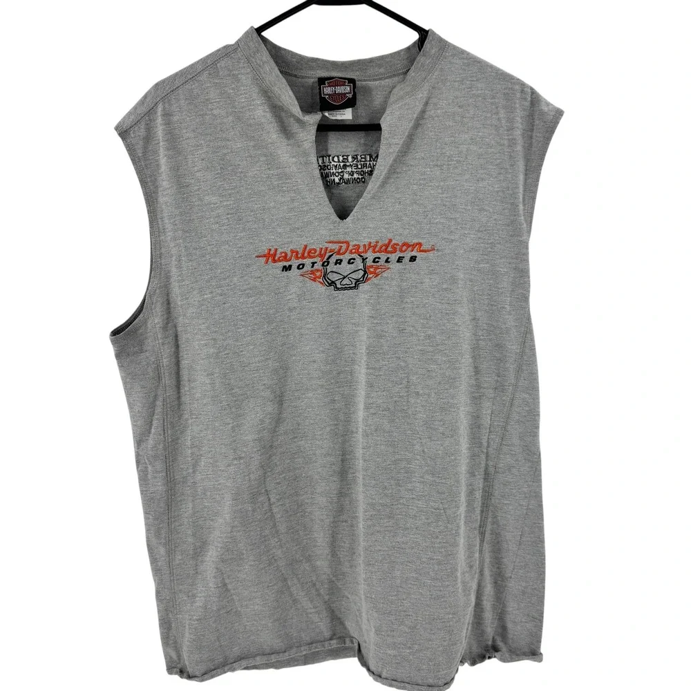 Harley-Davidson Mens Gray Embroidered Skull Muscle Tee Conway NH Size L‎